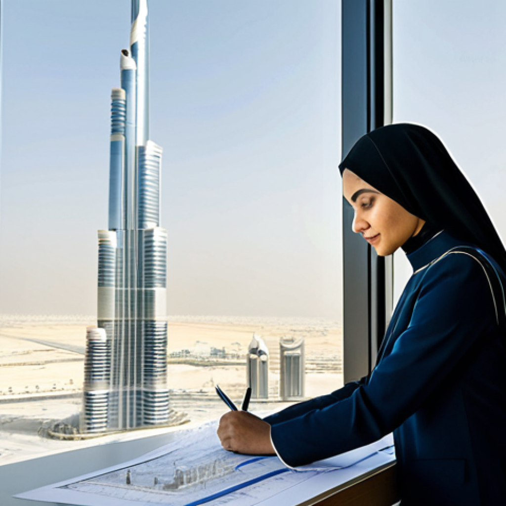 **

"A professional Arab architect in a modern, sunlit office in Dubai, reviewing blueprints. She is fully clothed in a stylish, modest business attire, perhaps a tailored abaya or a smart pantsuit. The office features clean lines, Islamic geometric patterns subtly integrated into the design, and a view of the Burj Khalifa. Safe for work, appropriate content, professional, perfect anatomy, natural proportions, family-friendly, high-resolution, architectural photography."

**