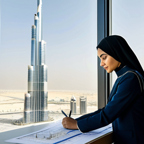 Home 14 **
"A professional Arab architect in a modern, sunlit office in Dubai, reviewing blueprints. She is fully clothed in a stylish, modest business attire, perhaps a tailored abaya or a smart pantsuit. The office features clean lines, Islamic geometric patterns subtly integrated into the design, and a view of the Burj Khalifa. Safe for work, appropriate content, professional, perfect anatomy, natural proportions, family-friendly, high-resolution, architectural photography."
**