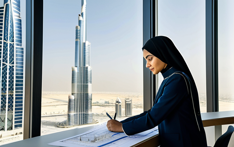 **

"A professional Arab architect in a modern, sunlit office in Dubai, reviewing blueprints. She is fully clothed in a stylish, modest business attire, perhaps a tailored abaya or a smart pantsuit. The office features clean lines, Islamic geometric patterns subtly integrated into the design, and a view of the Burj Khalifa. Safe for work, appropriate content, professional, perfect anatomy, natural proportions, family-friendly, high-resolution, architectural photography."

**