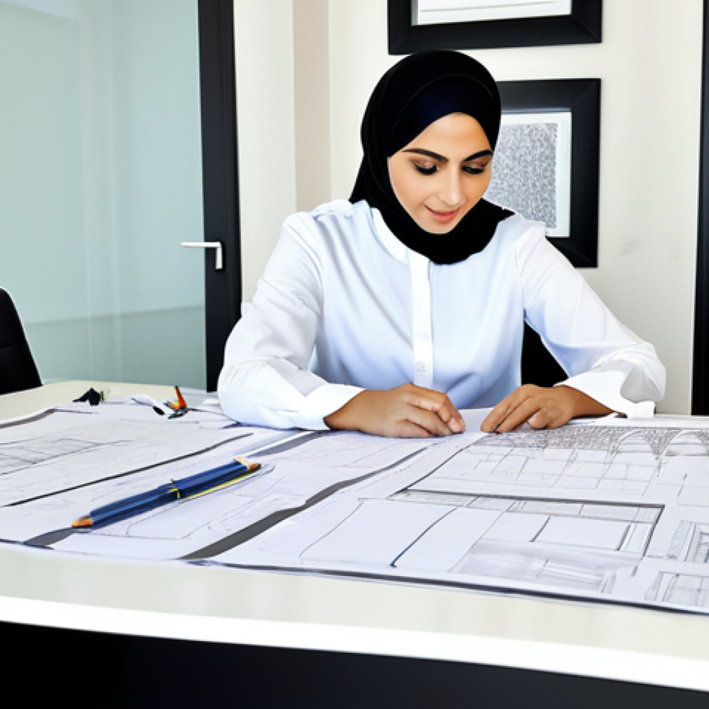 Experienced Interior Designer** "A professional interior designer, with 8 years of experience, fully clothed in modest professional attire, reviewing blueprints in a modern office setting in Riyadh, Saudi Arabia. The office features Arabic design elements. She has perfect anatomy, correct proportions, and a natural pose. Safe for work, appropriate content, family-friendly, high quality." **