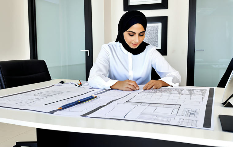Experienced Interior Designer** "A professional interior designer, with 8 years of experience, fully clothed in modest professional attire, reviewing blueprints in a modern office setting in Riyadh, Saudi Arabia. The office features Arabic design elements. She has perfect anatomy, correct proportions, and a natural pose. Safe for work, appropriate content, family-friendly, high quality." **