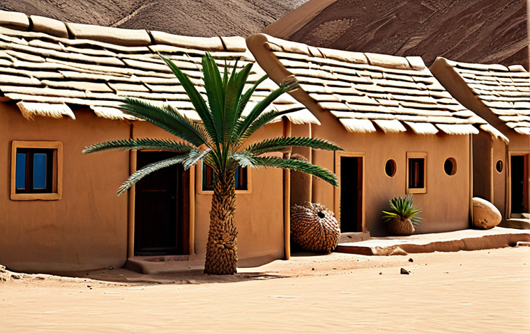 Sustainable Desert Village** "A sustainable desert village constructed entirely from local materials like mud brick, palm wood, and natural stone. The village blends seamlessly with the surrounding arid landscape. Houses are fully clothed, modest, and appropriate for desert living. Safe for work, appropriate content, perfect anatomy, natural proportions, professional photography, showcasing sustainable architecture in a family-friendly environment." **