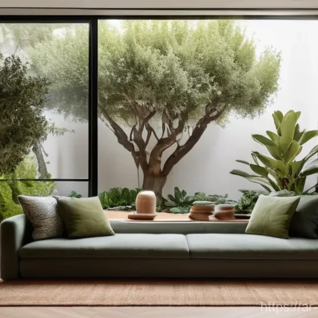 공간디자인 업계 동향과 전망 - **Prompt:** A serene and inviting living room designed with biophilic principles, bathed in warm, na...