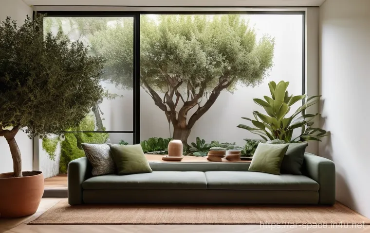 공간디자인 업계 동향과 전망 - **Prompt:** A serene and inviting living room designed with biophilic principles, bathed in warm, na...