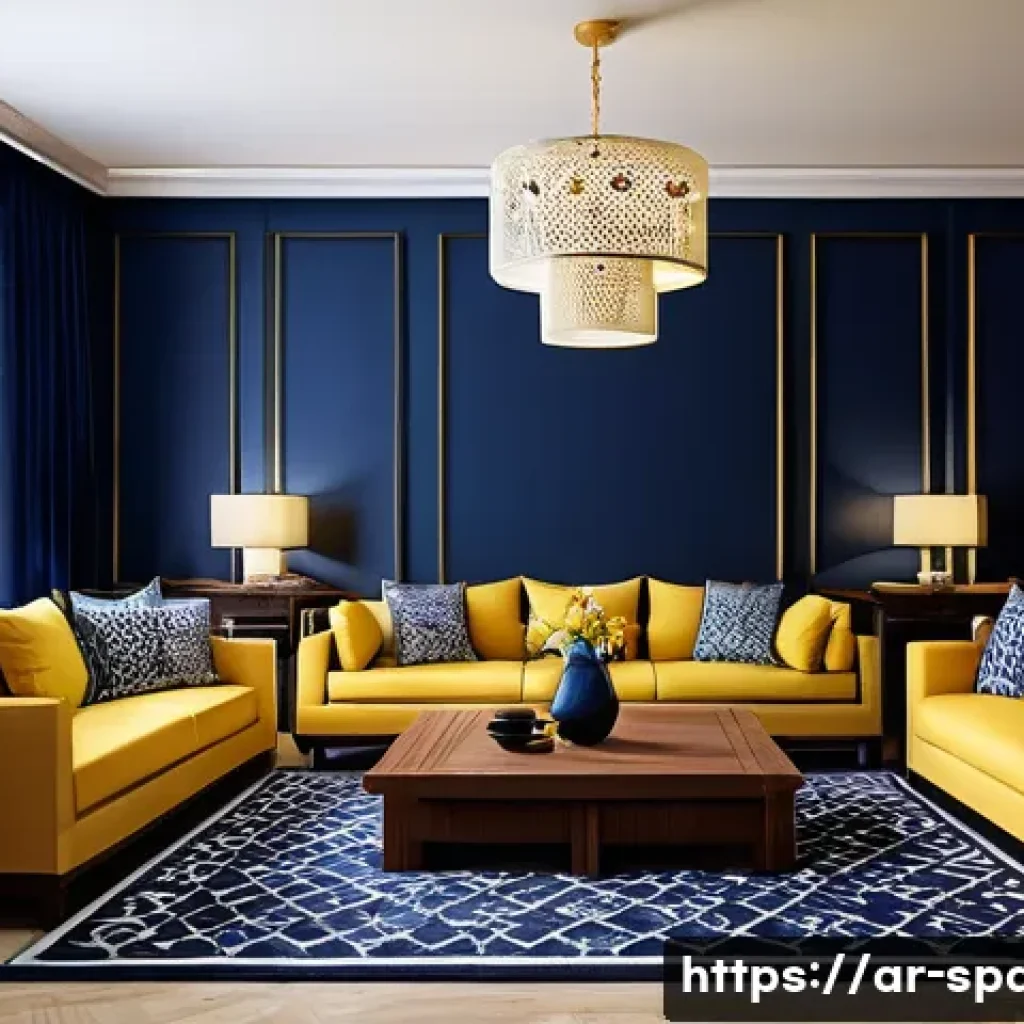공간디자인 시각적 요소의 중요성 - A sophisticated living room interior inspired by Arabic culture, featuring deep navy blue walls that...