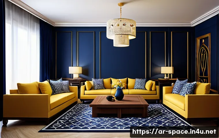 공간디자인 시각적 요소의 중요성 - A sophisticated living room interior inspired by Arabic culture, featuring deep navy blue walls that...