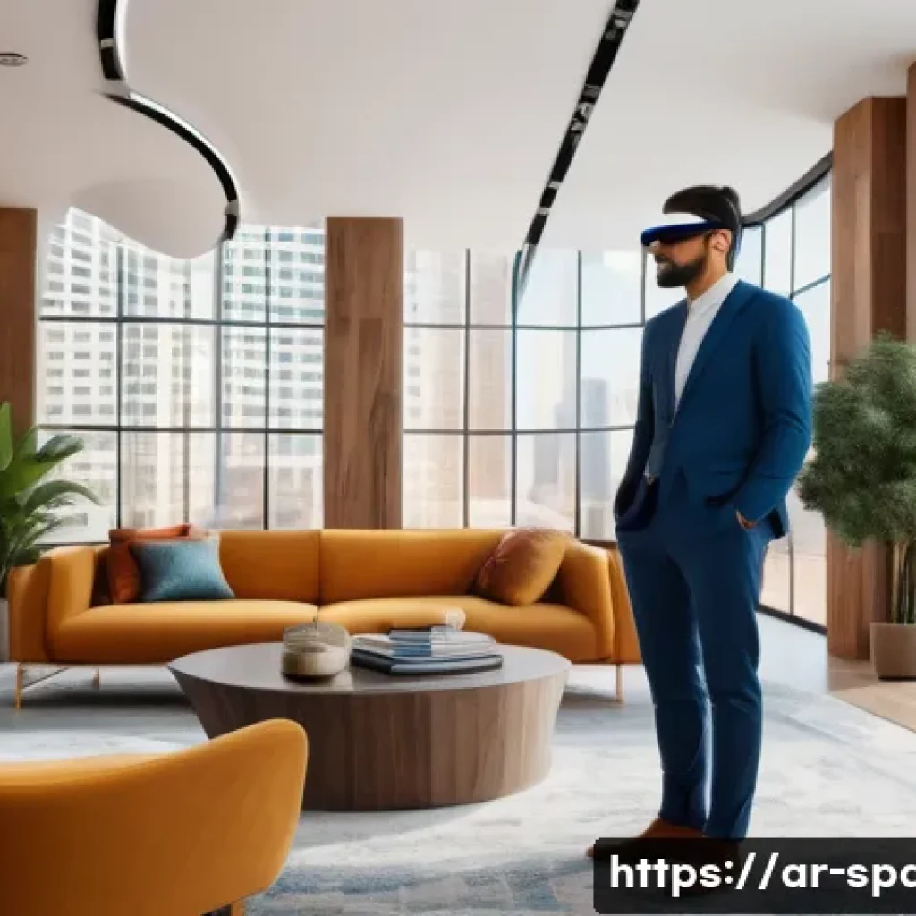 공간디자인 경력직 채용 트렌드 - A modern interior designer wearing professional attire, using augmented reality glasses to showcase ...