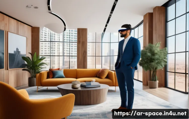 공간디자인 경력직 채용 트렌드 - A modern interior designer wearing professional attire, using augmented reality glasses to showcase ...