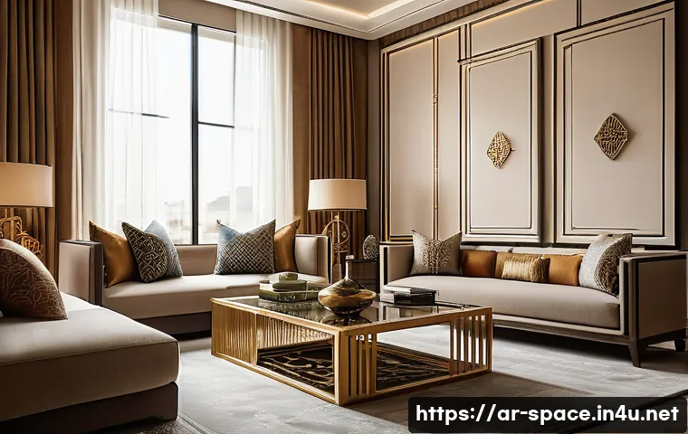 공간디자이너를 위한 창업 가이드 - A modern, luxurious residential interior design scene set in an upscale Middle Eastern apartment, fe...