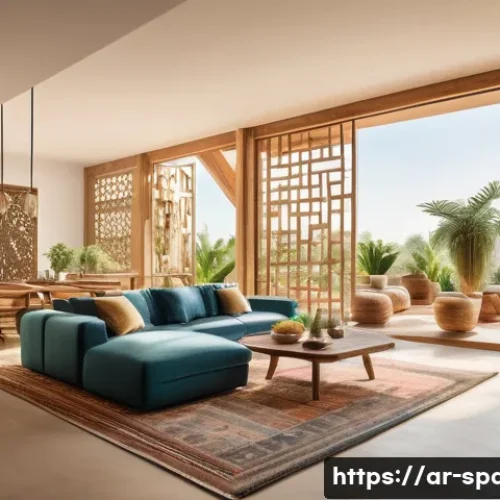 공간디자인 업계의 미래 전망 - A modern, sustainable interior space designed for an Arabic home, featuring recycled wood furniture ...