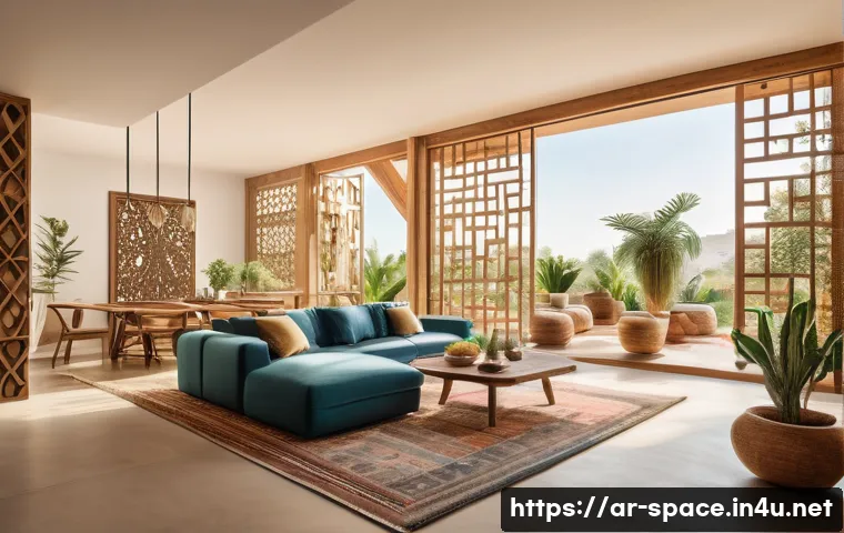 공간디자인 업계의 미래 전망 - A modern, sustainable interior space designed for an Arabic home, featuring recycled wood furniture ...