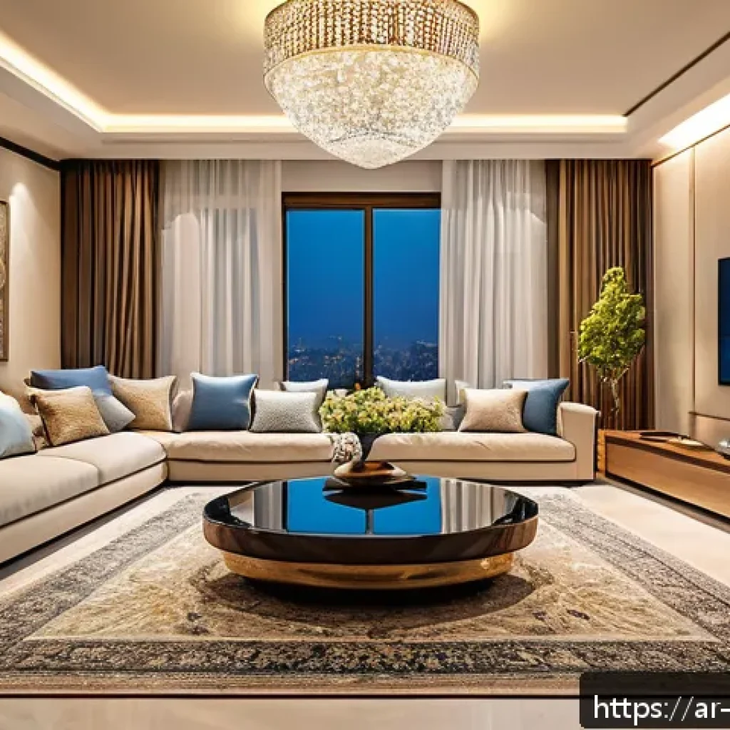 공간디자인 시공 문제 해결 사례 - A modern smart living room in a Middle Eastern home, featuring integrated compact smart devices seam...