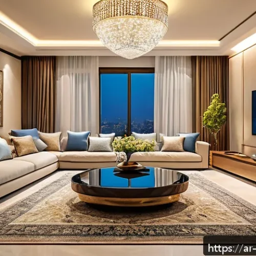 공간디자인 시공 문제 해결 사례 - A modern smart living room in a Middle Eastern home, featuring integrated compact smart devices seam...