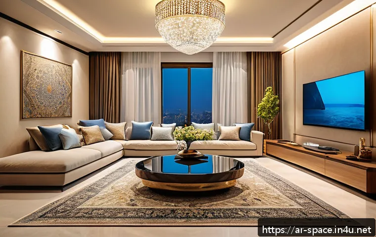 공간디자인 시공 문제 해결 사례 - A modern smart living room in a Middle Eastern home, featuring integrated compact smart devices seam...